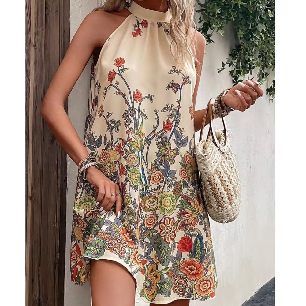 Seasty Women Shift Dress Sz XL Floral Apricot Halte Neck Botanical Print Boho - Picture 13 of 13